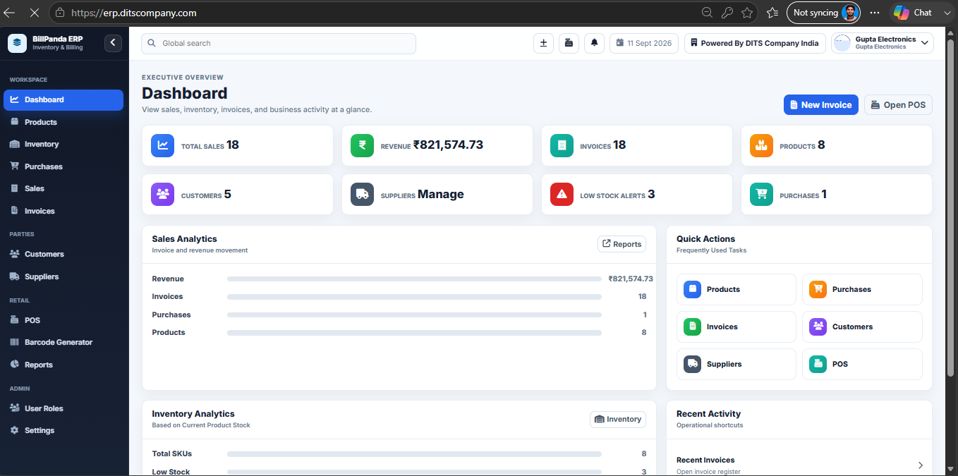 Bill Panda'S ERP dashboard showing sales, revenue, invoices and inventory analytics